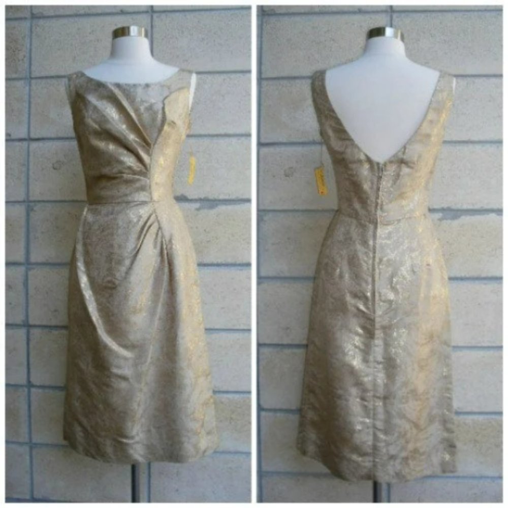 60s wiggle dress, Frederick's of Hollywood gold metallic cocktail dress, size S